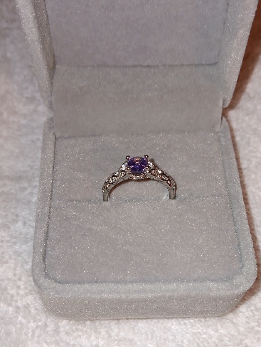 Silver Faux Amethyst Purple Stone Ring with Clear Accents - Size 6